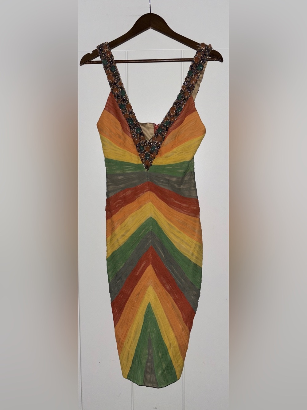 MANDALAY Privee Rainbow Stone Beaded Pleated Silk Elegant Cocktail Dress Women 6